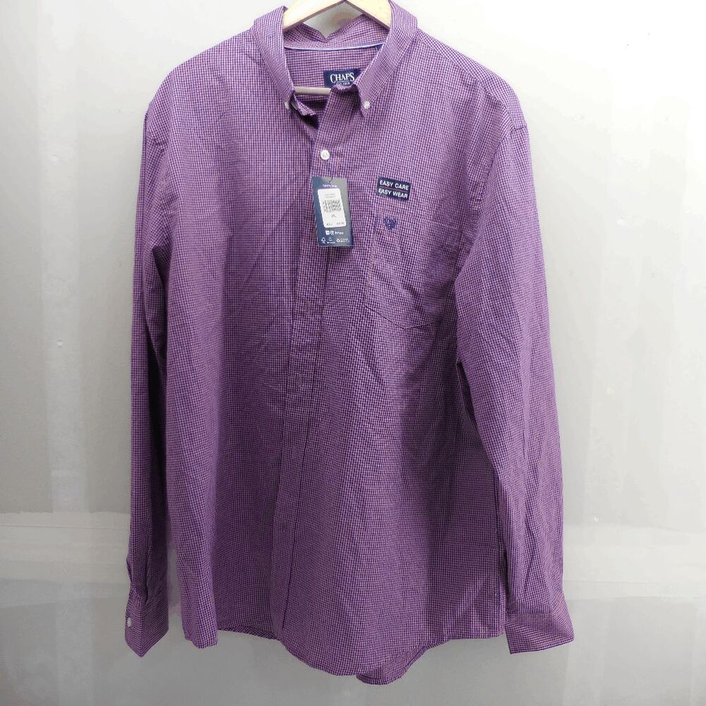 New Chaps 2XL‎ Easy Care Gingham Check Button Front Shirt Mens Pink Blue